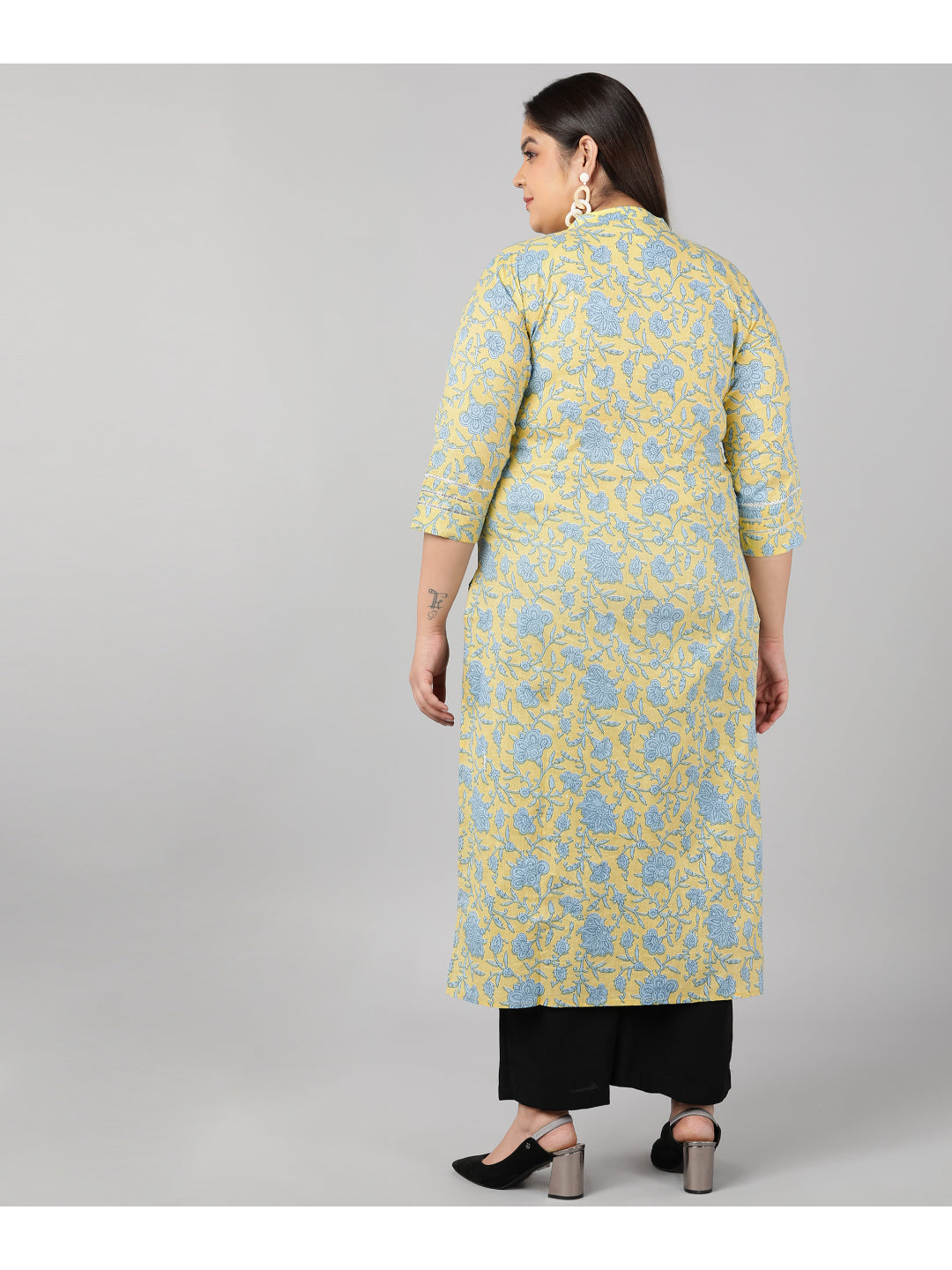 Cotton Floral Print Straight Kurta (Yellow)