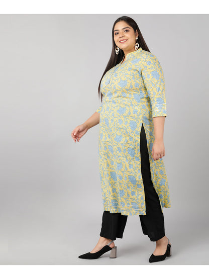 Cotton Floral Print Straight Kurta (Yellow)