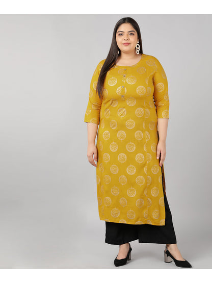 Rayon Gold Print Straight Kurta (Mustard)