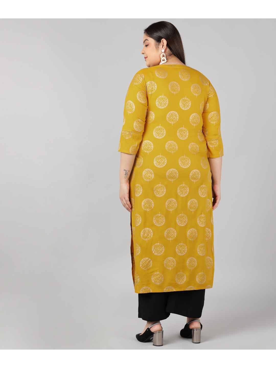 Rayon Gold Print Straight Kurta (Mustard)