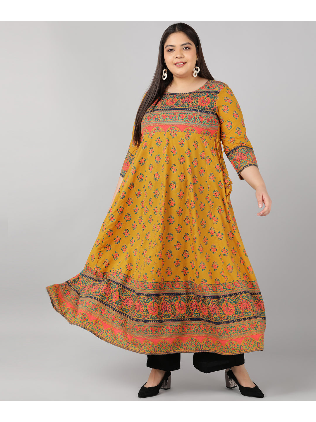 Cotton Printed Anarkali Kurta (Mustard)