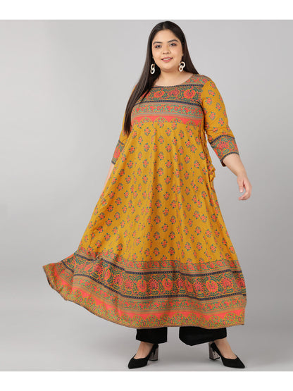 Cotton Printed Anarkali Kurta (Mustard)