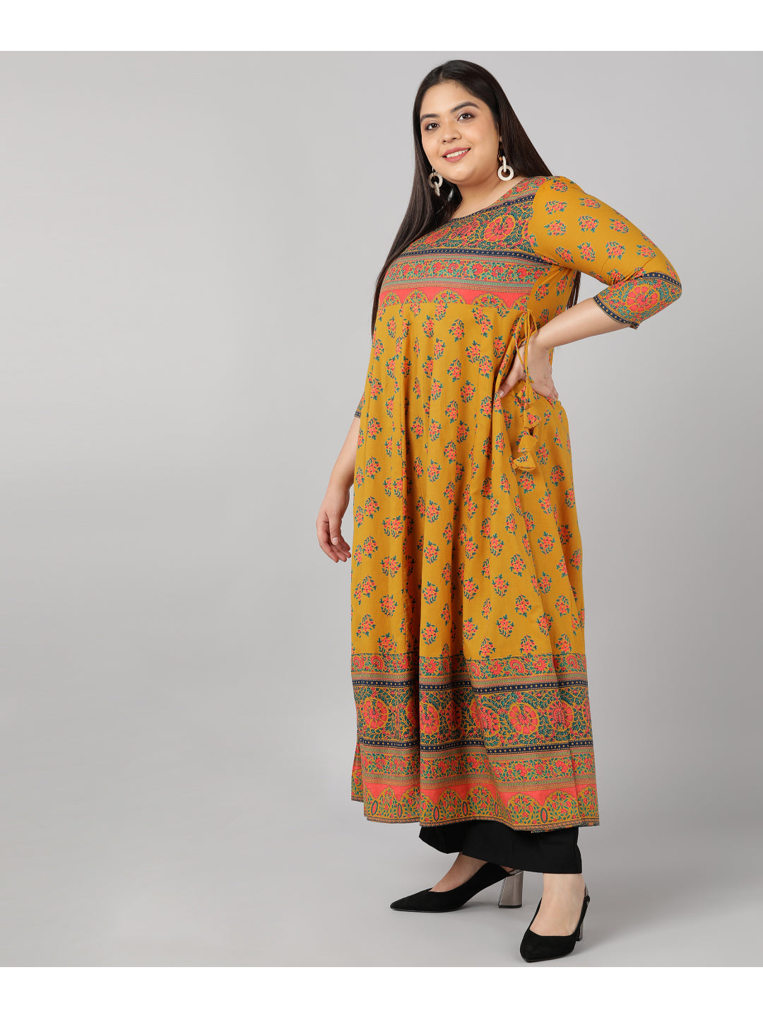 Cotton Printed Anarkali Kurta (Mustard)