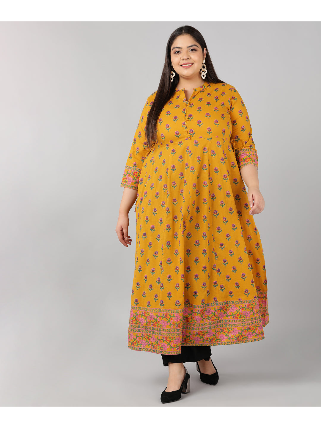 Cotton Block Print Anarkali Kurta (Mustard)