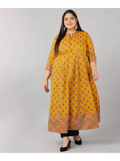 Cotton Block Print Anarkali Kurta (Mustard)