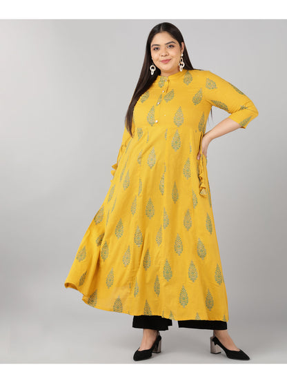 Cotton Block Print Anarkali Kurta (Mustard)