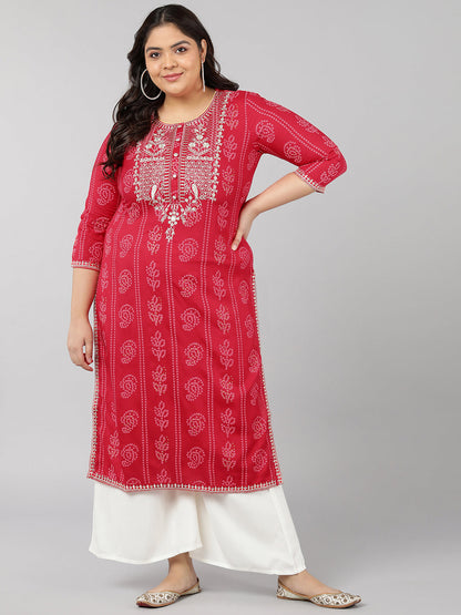 Rayon Bandhni Print Straight Kurta (Red)