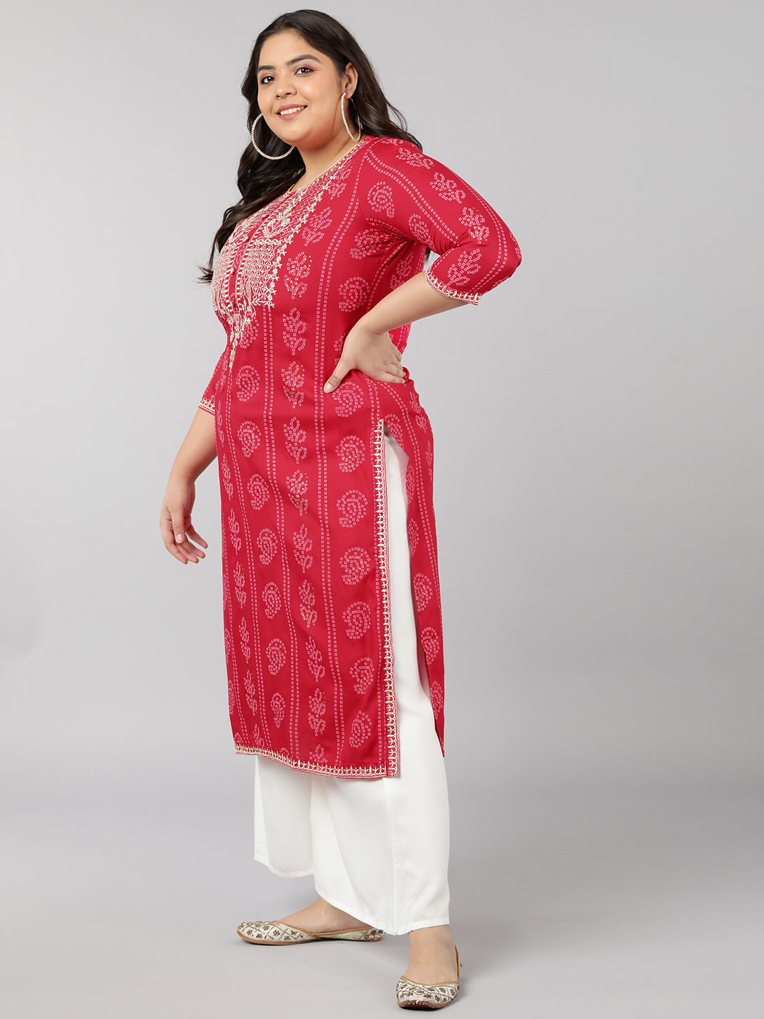 Rayon Bandhni Print Straight Kurta (Red)