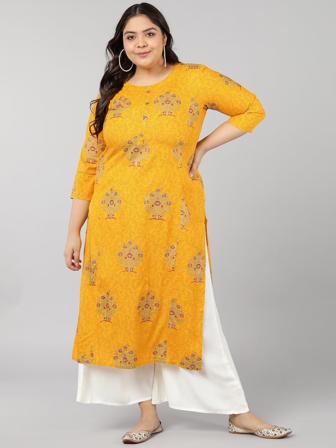 Rayon Block Print Straight Kurta (Mustard)