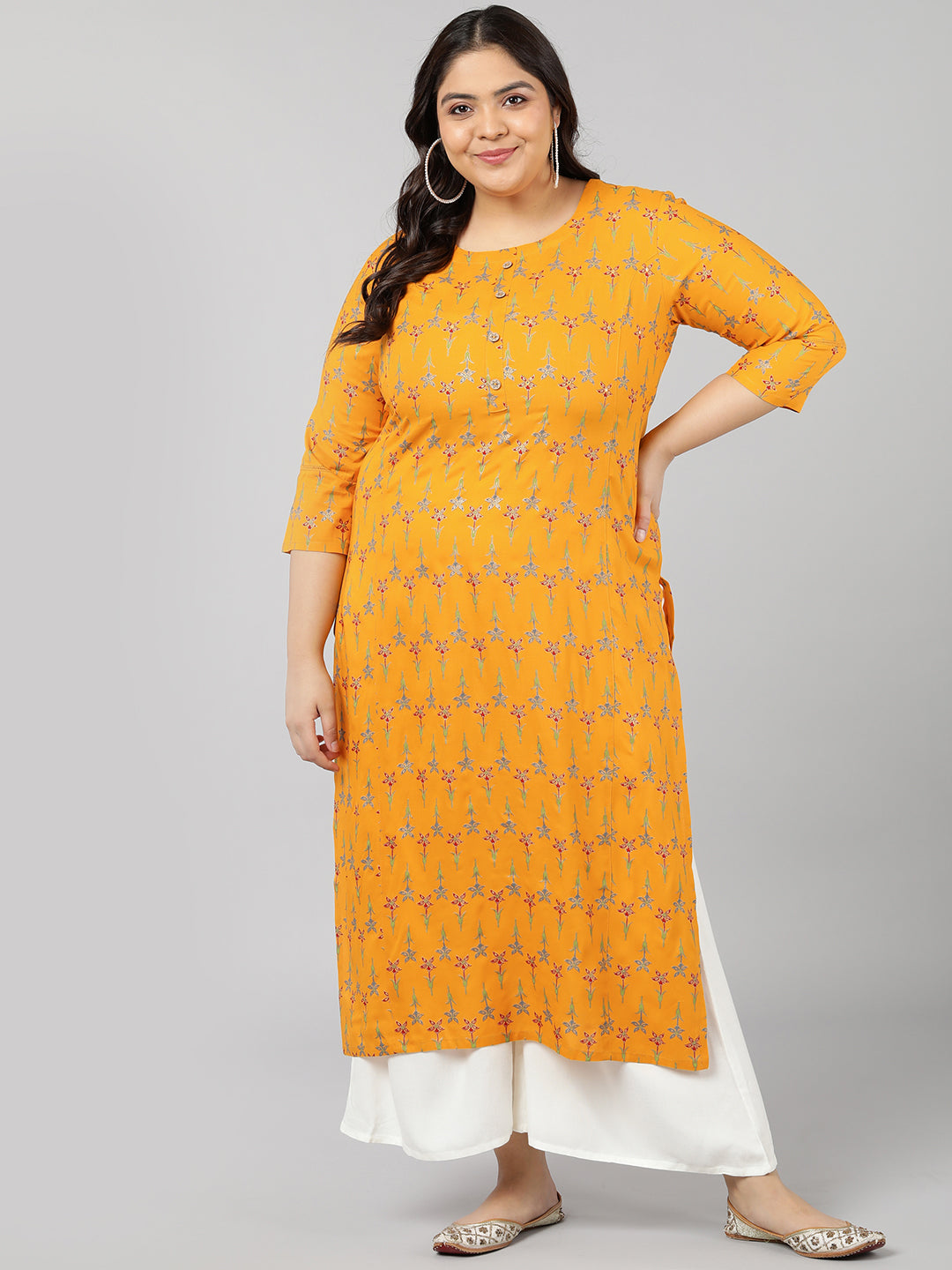 Rayon Floral Print Straight Kurta (Mustard)