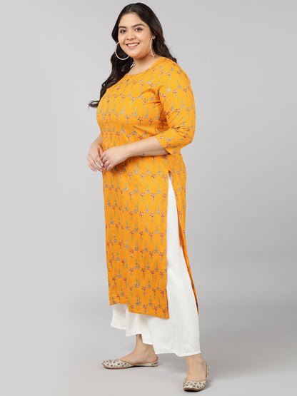 Rayon Floral Print Straight Kurta (Mustard)