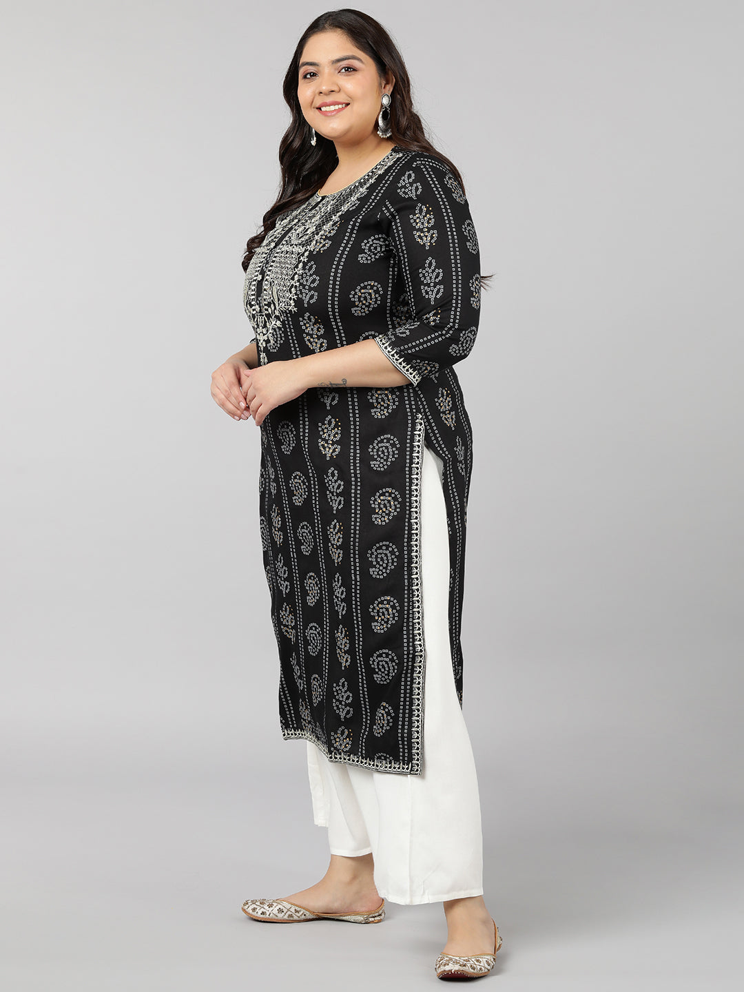 Rayon Bandhni Print Straight Kurta (Black)