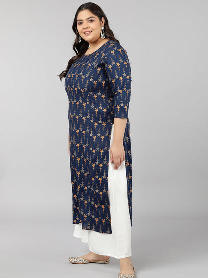 Rayon Floral Print Straight Kurta (Teal)