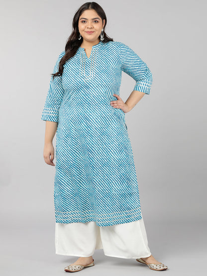 Cotton Stripe Print Straight Kurta (Blue)