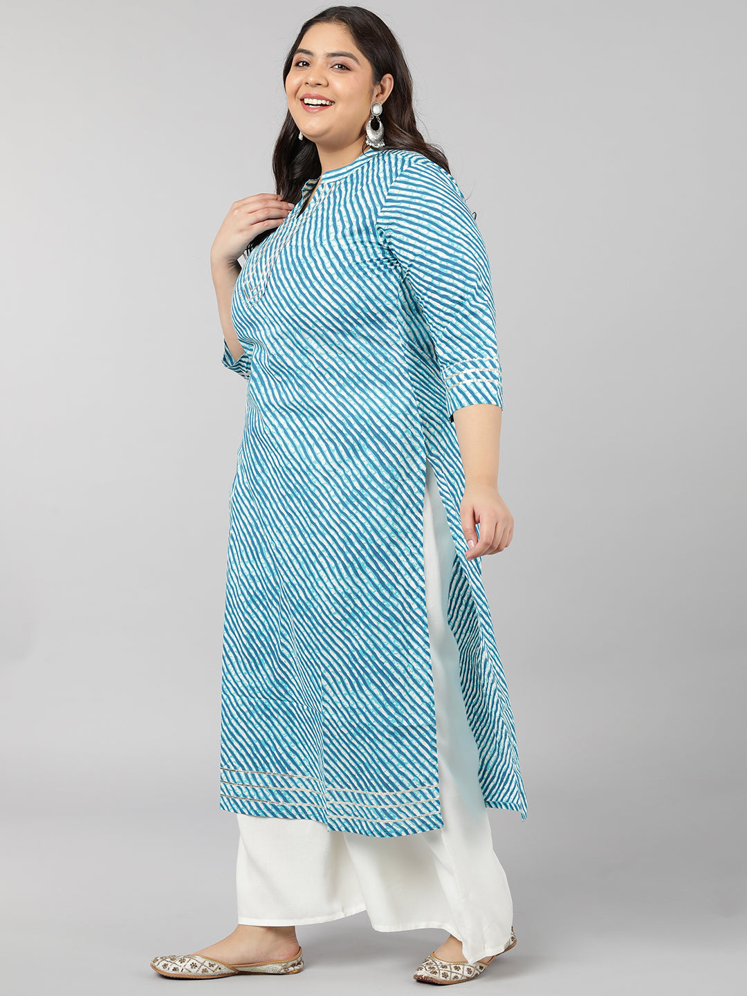 Cotton Stripe Print Straight Kurta (Blue)