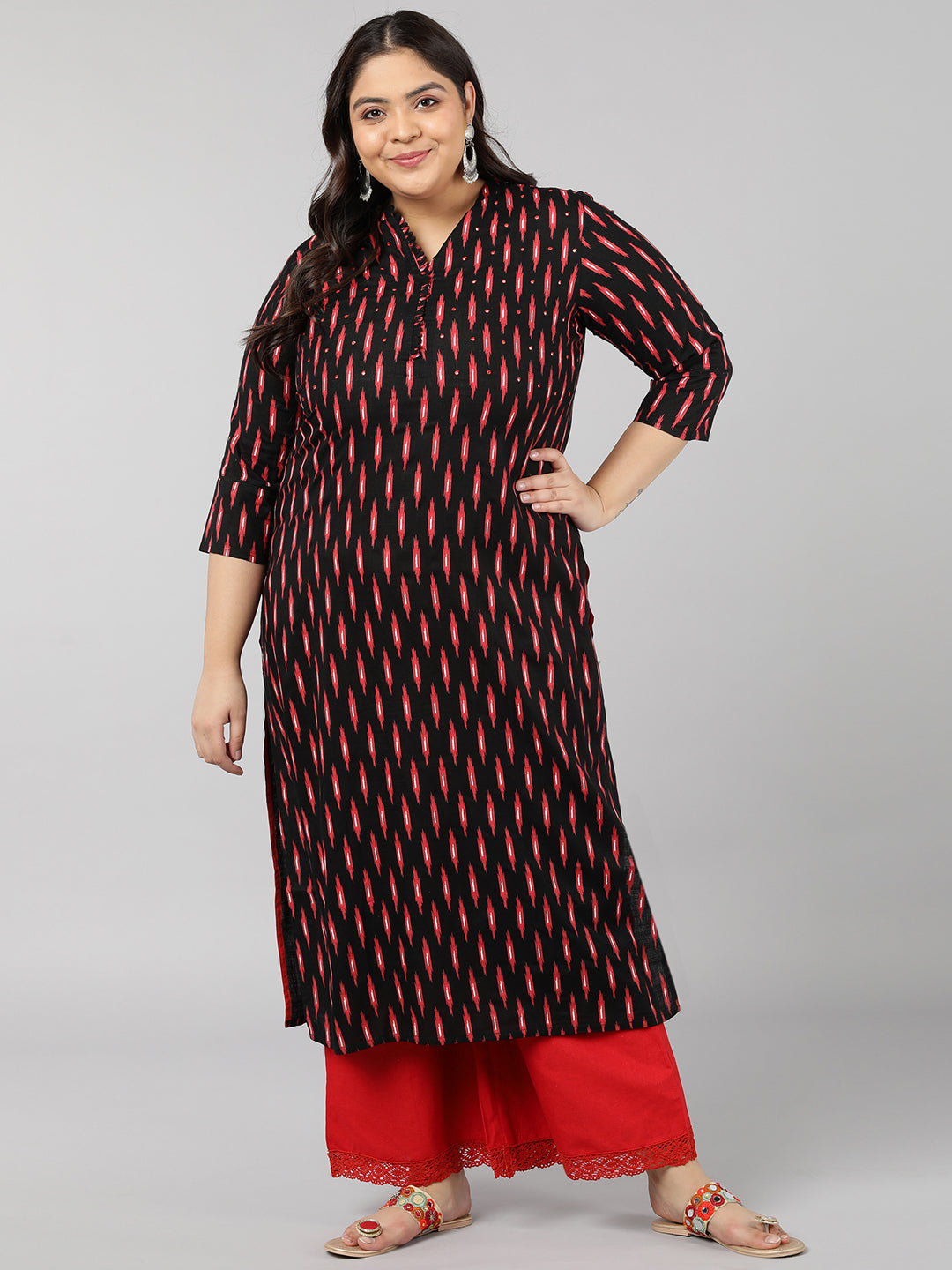 Rayon Ikat Print Straight Kurta (Black)
