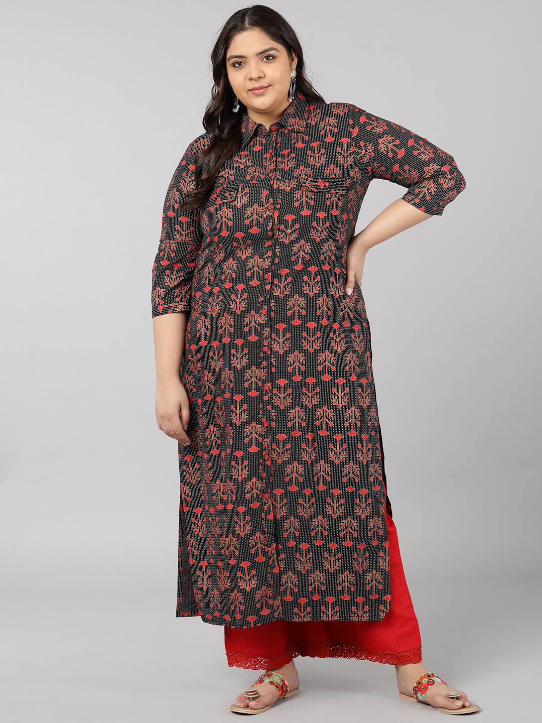 Cotton Printed A-Line Kurta (Black)