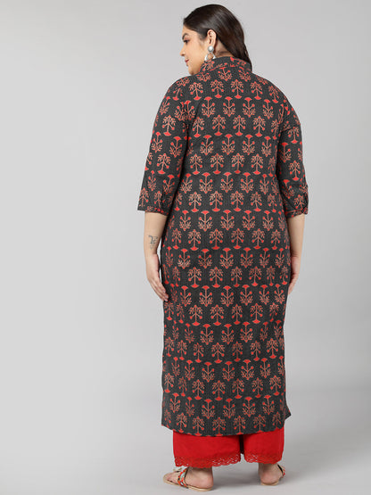 Cotton Printed A-Line Kurta (Black)