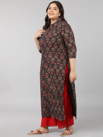 Cotton Printed A-Line Kurta (Black)