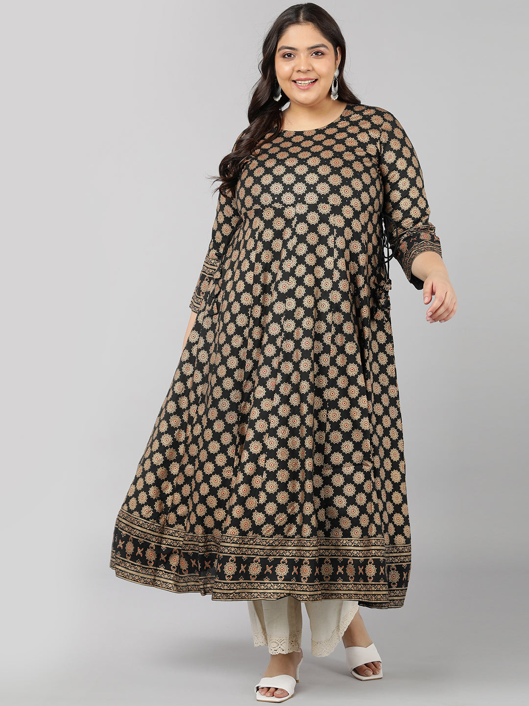 Rayon Gold Print Anarkali Kurta (Black)