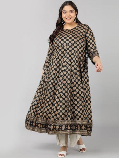 Rayon Gold Print Anarkali Kurta (Black)