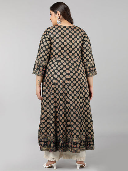 Rayon Gold Print Anarkali Kurta (Black)