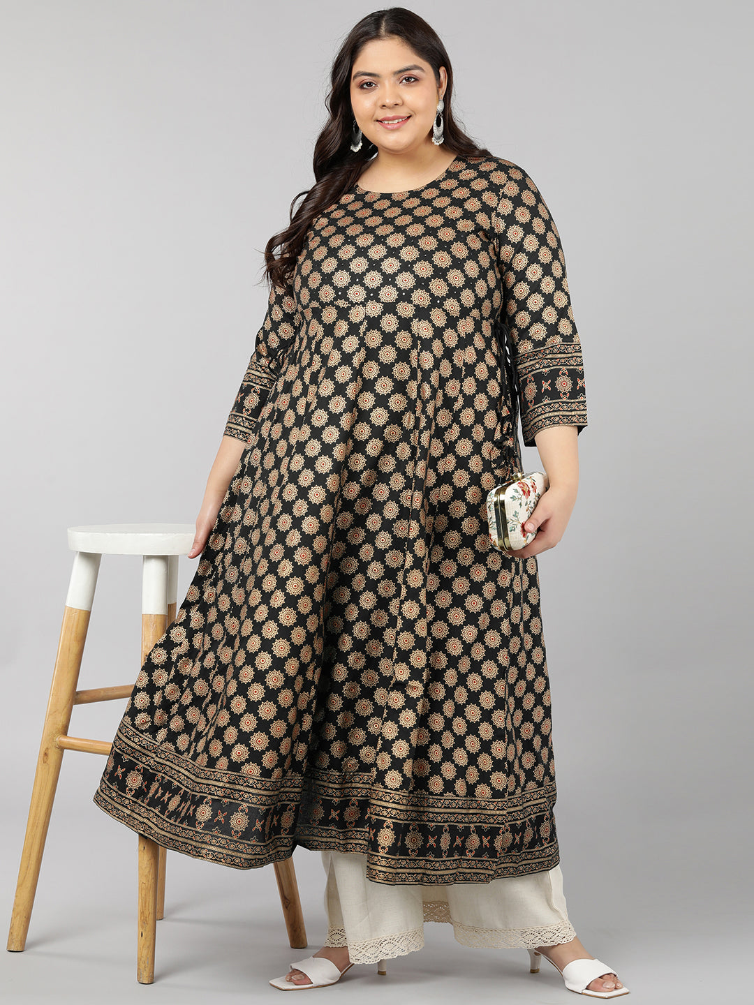 Rayon Gold Print Anarkali Kurta (Black)