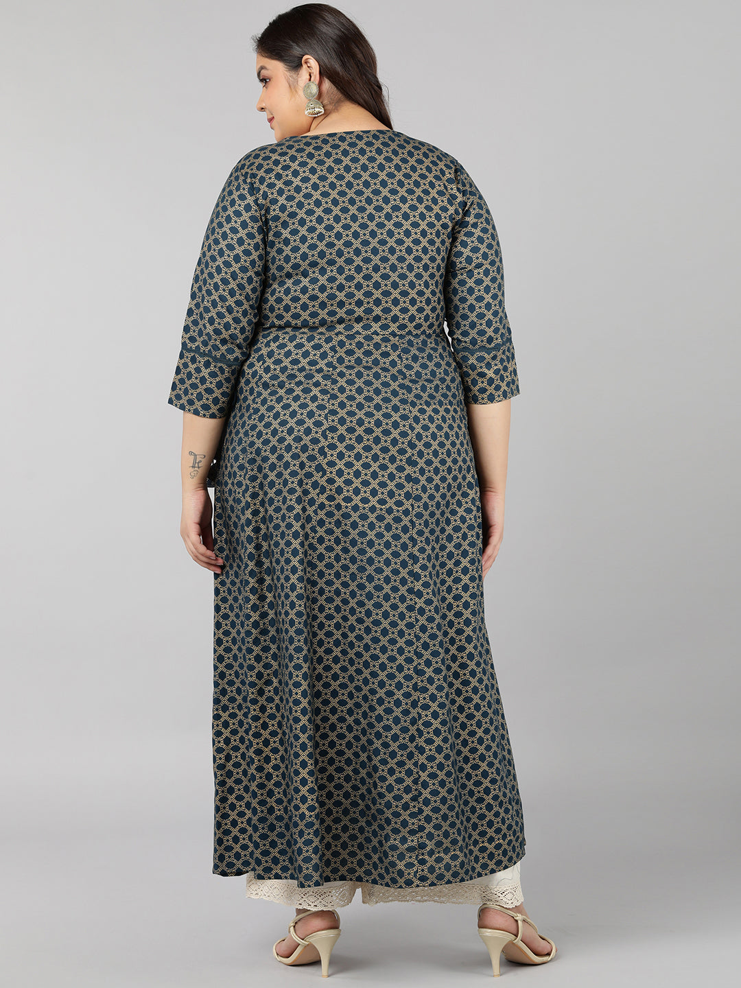 Rayon Gold Print Anarkali Kurta (Teal)