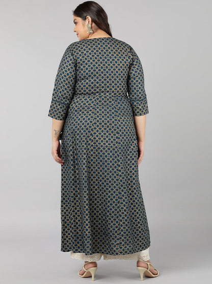 Rayon Gold Print Anarkali Kurta (Teal)