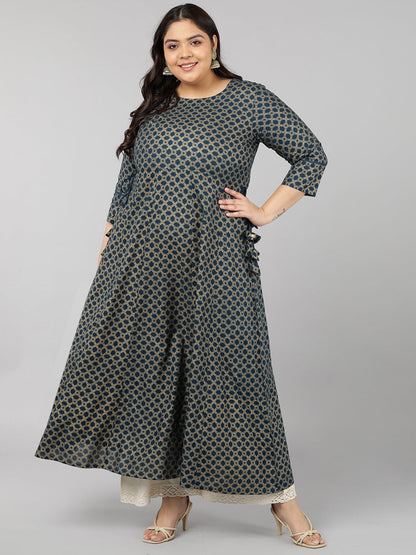 Rayon Gold Print Anarkali Kurta (Teal)