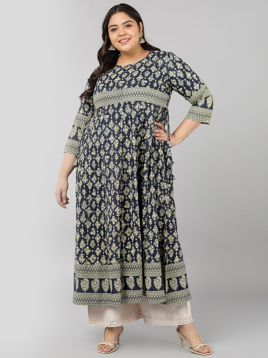 Rayon Floral Print Anarkali Kurta (Grey)