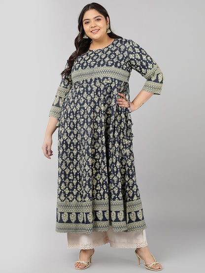 Rayon Floral Print Anarkali Kurta (Grey)