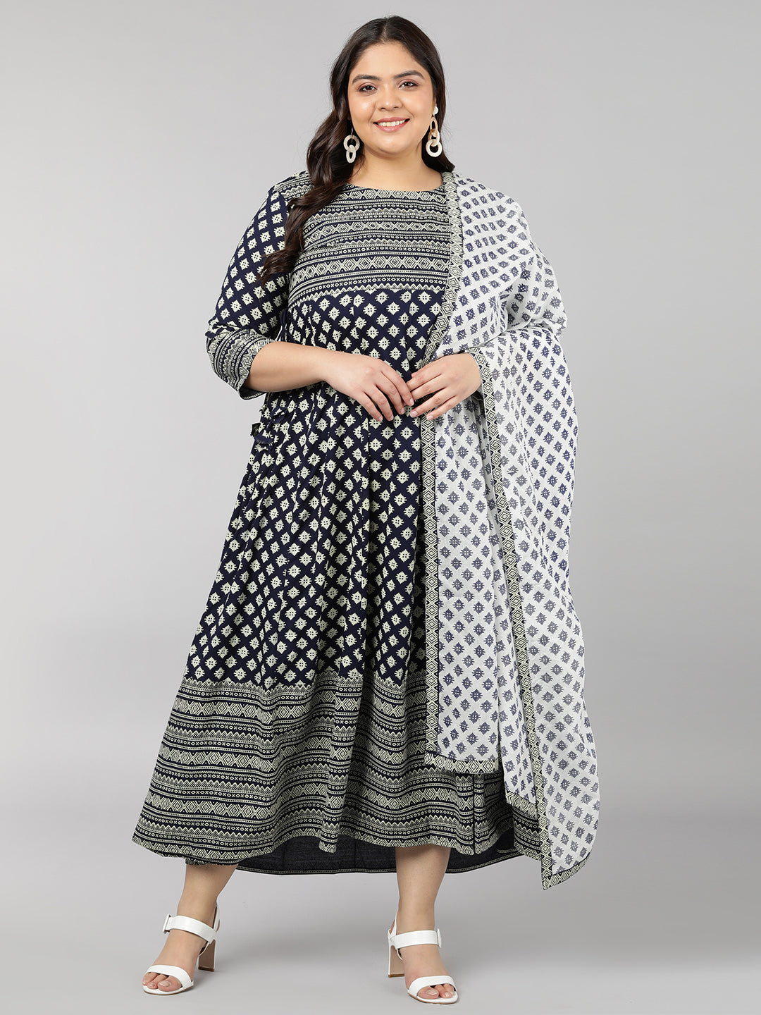 Rayon Printed Regular Kurta Set (Navy)