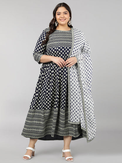 Rayon Printed Regular Kurta Set (Navy)