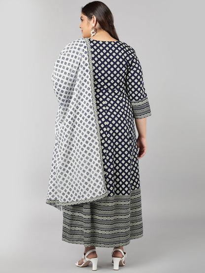 Rayon Printed Regular Kurta Set (Navy)