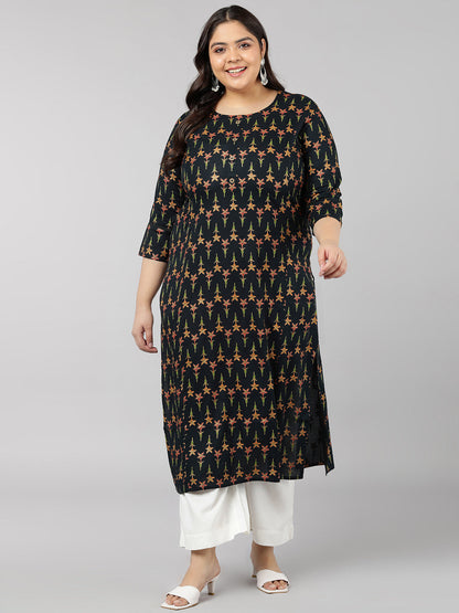 Rayon Floral Print Straight Kurta (Dark Green)