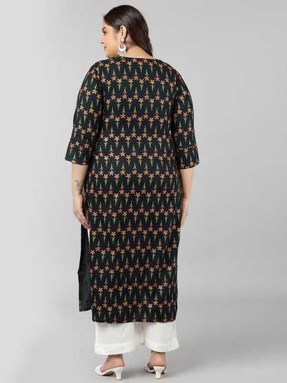 Rayon Floral Print Straight Kurta (Dark Green)