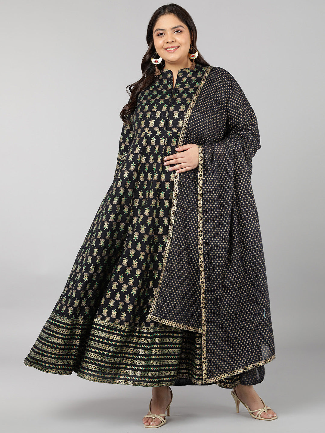 Rayon Printed Anarkali Kurta Set (Green)