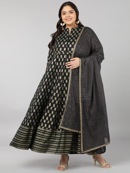 Rayon Printed Anarkali Kurta Set (Green)
