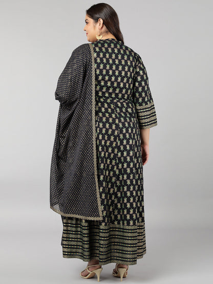 Rayon Printed Anarkali Kurta Set (Green)