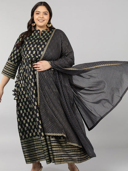 Rayon Printed Anarkali Kurta Set (Green)