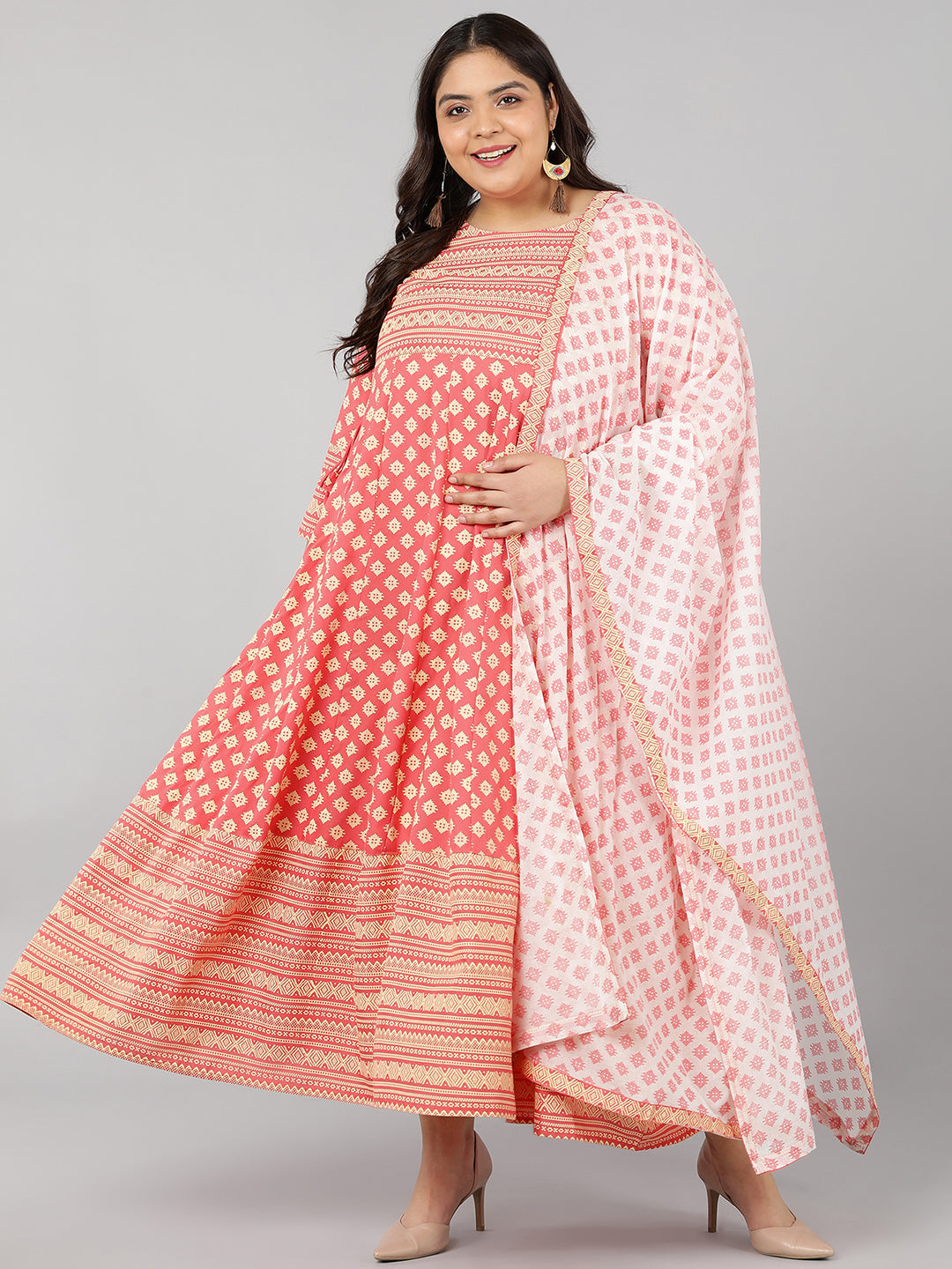 Rayon Printed Regular Kurta Set (Peach)
