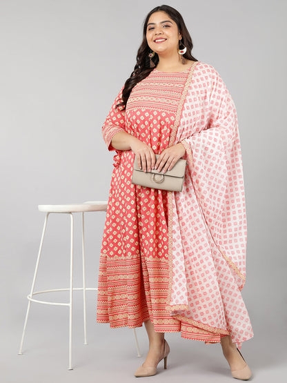 Rayon Printed Regular Kurta Set (Peach)