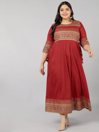 Rayon Gold Print Anarkali Kurta (Red)
