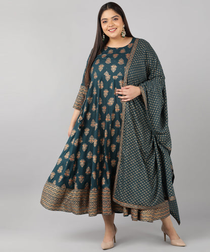 Rayon Printed Anarkali Kurta Set (Teal)