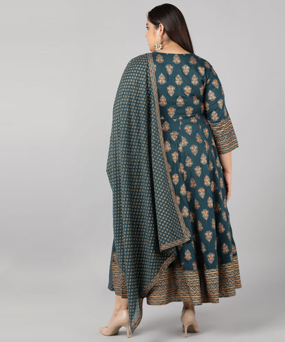Rayon Printed Anarkali Kurta Set (Teal)