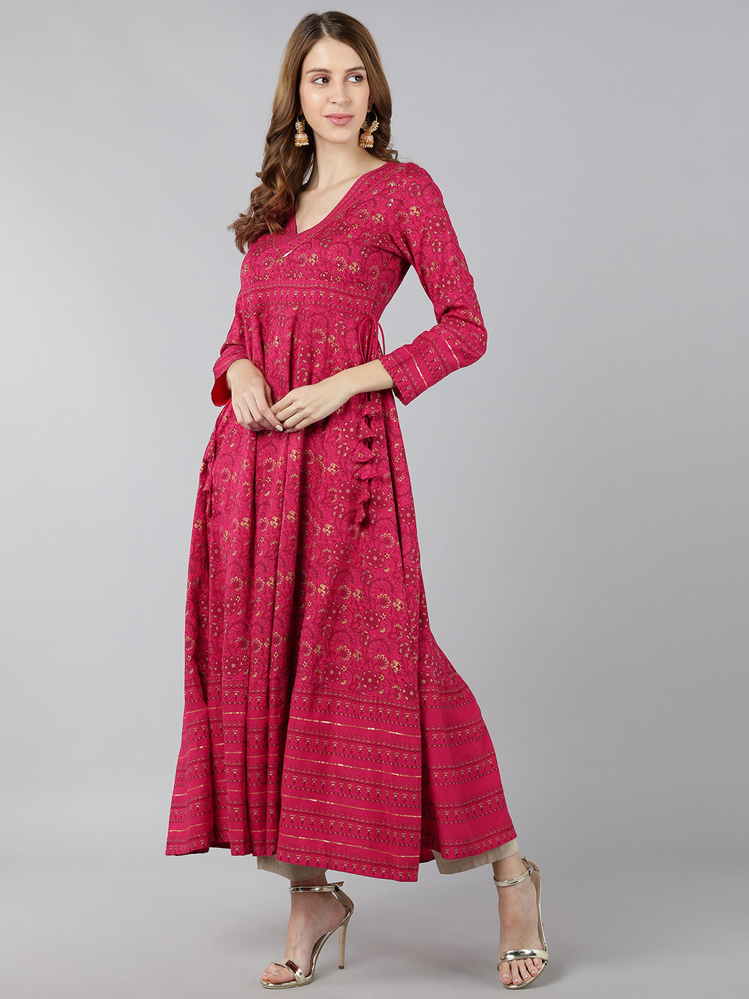 Rayon Gold Print Anarkali Kurta (Pink)