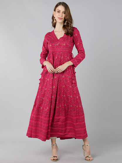 Rayon Gold Print Anarkali Kurta (Pink)