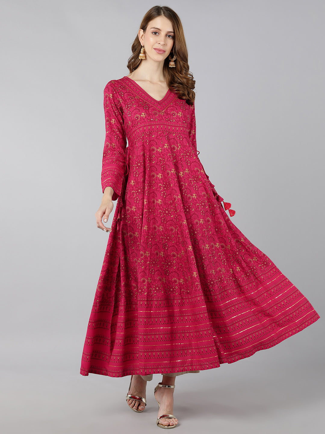 Rayon Gold Print Anarkali Kurta (Pink)