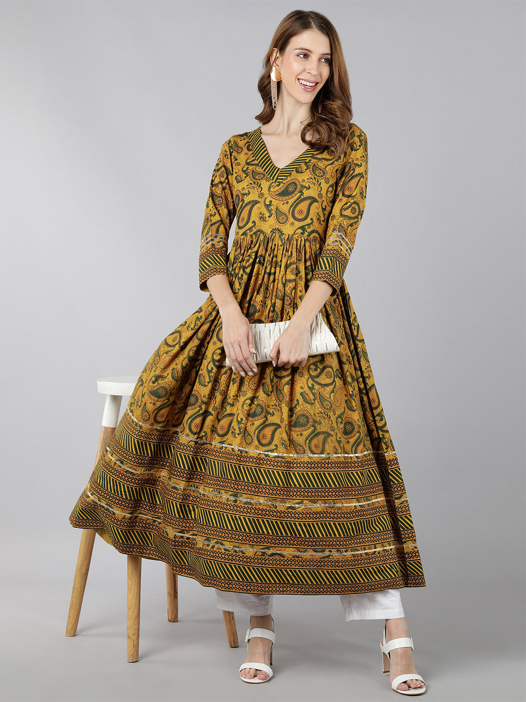 Rayon Floral Print Anarkali Kurta (Yellow)